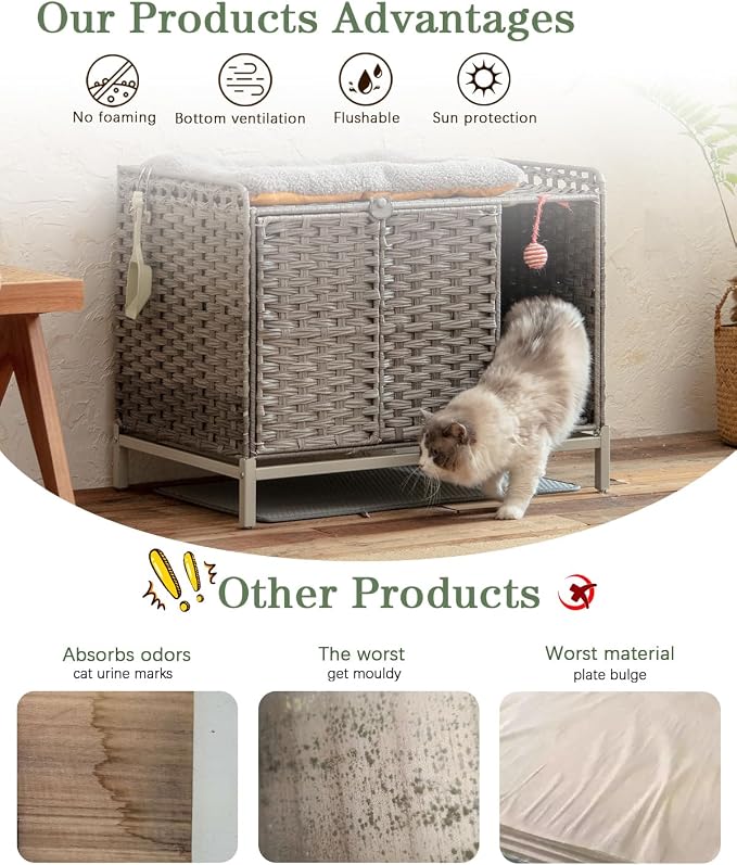 SETVSON Cat Litter Box Enclosure Furniture with Divider, Cat Cabinet,Gray | Handwoven PE Rattan with Soft Mat, 3.54-In Heightened Metal Feet, 2 S-Hooks, 31.2 x 19.6 x 24.2 Inches Spacious Cat Furniture - Image 3