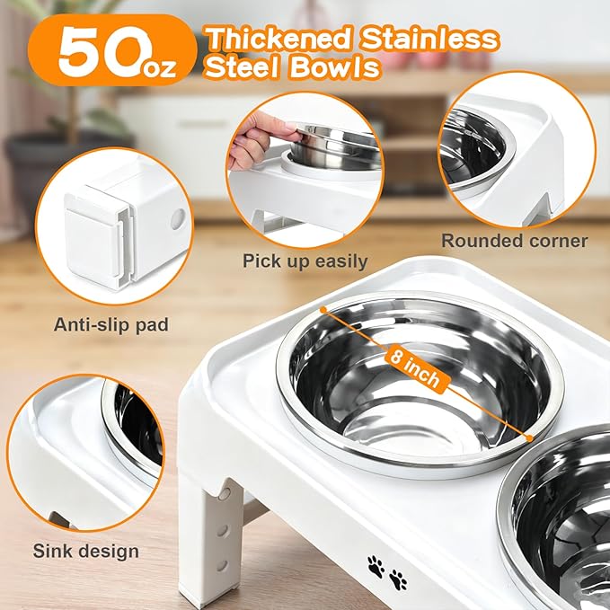 COMESOON Elevated Dog Bowls, 4 Height Adjustable Raised Bowl Stand with 2 Thick 50oz Stainless Steel Food Bowls Non-Slip Feeder Adjusts to 3.7'', 9.2'', 10.75'', 12.36'' White - Image 4