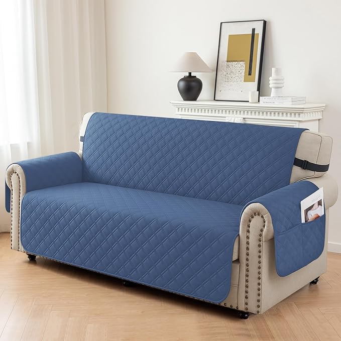 Waterproof Chair Covers for Living Room, Sofa Covers for Pets Washable with Side Pockets, Non Slip Couch Covers for Dogs, Quilted Dog Couch Cover with Elastic Straps (Armchair, Berlin Blue) - Image 2