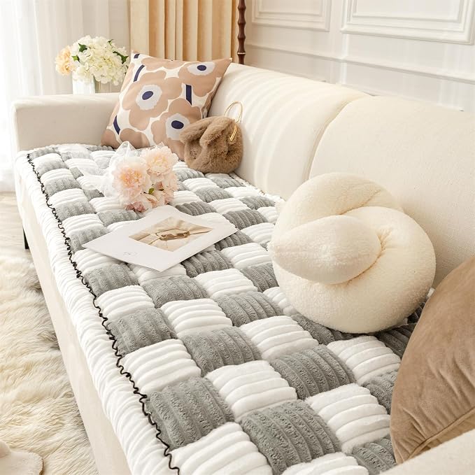 Fuzzy Couch Cover for Dog, Modern White Grey Checkered Couch Cushion Cover | Non Slip Couch Cover for 2 Cushion Couch Sofa Pet Friendly, Washable Sofa Cover Durable Anti-pilling Furniture Protector - Image 8