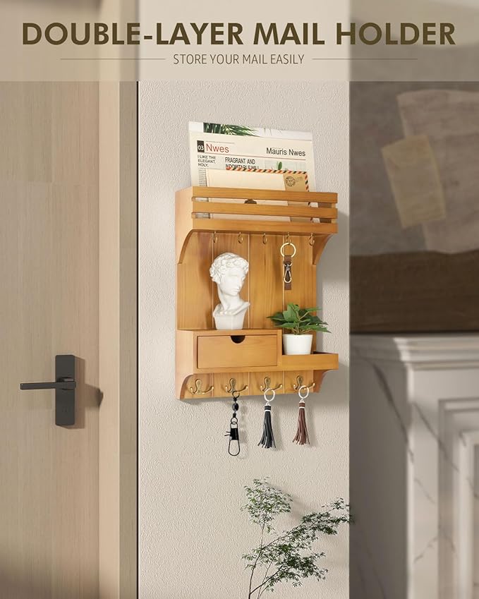 Rebee Vision Key Holder Wall Mount with Drawer for Room Decor, Light Brown | Pine Wood, Key Holder for Wall, 9 Key Hooks, Drawer Organizer, Floating Wall Shelf, Mail Sorter, Room Decor Aesthetic - Image 2