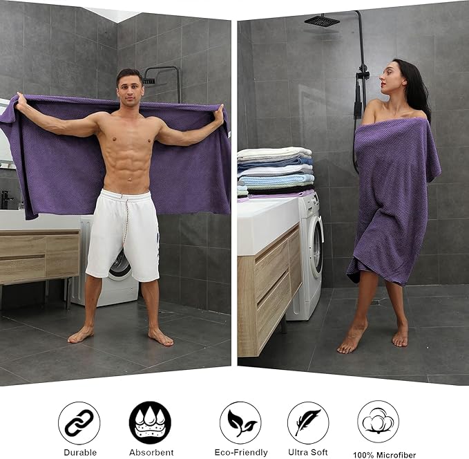 8-Piece Bath Towel Set, 2 Extra Large Bath Towel Sheets, 2 Hand Towels and 4 Washcloths - Highly Absorbent Quick Dry Microfiber,Ultra Soft Towel Set for Bathroom, Waffle Weave Design (Dark Purple) - Image 4
