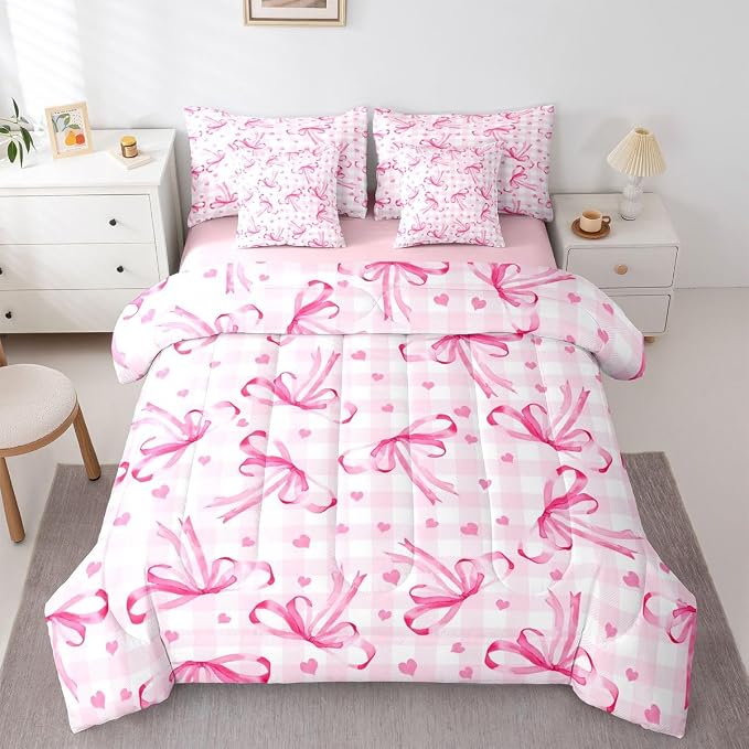 Erosebridal Pink Bow 7 Piece Comforter Set King Bowknot Ribbon Bedding Set for Girls Coquette Room Decor Plaid Grid Heart Pattern Bed in A Bag Bowtie Princess Soft Cozy Sheet Set with Comforter by Erosebridal
