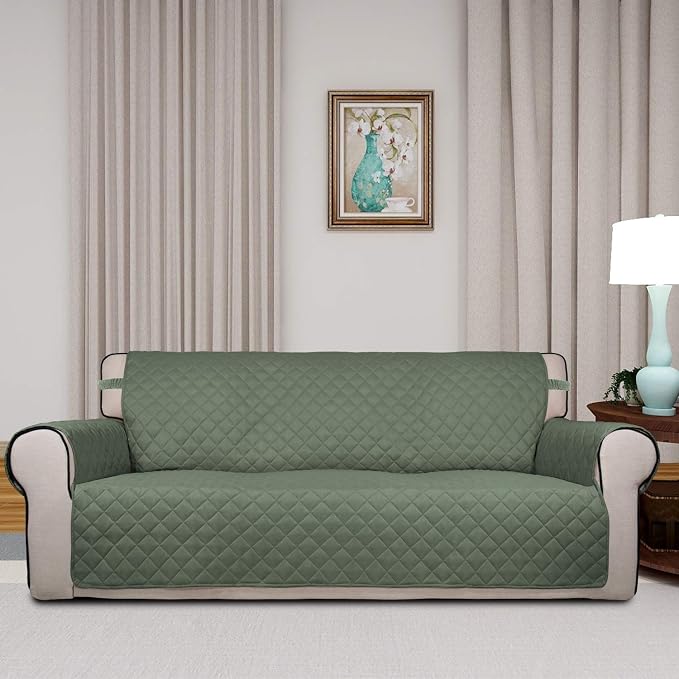 PureFit Reversible Quilted Sofa Cover Dog Couch Covers for Sofa, 66 in | Greyish Green/Beige, Water Resistant Couch Protector, Washable Pet Couch Cover with Non Slip and Elastic Straps For Kids - Image 2