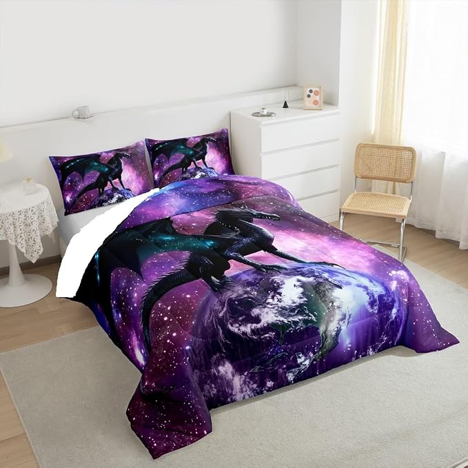 Erosebridal Dragon Bedding Set Purple Nebula Comforter Set King Size Mysterious Outer Space Duvet Set Trippy Bedding Set for Kids Boys Girls Teens Room Decor, Safari Wildlife Animals Quilt Set - Image 3