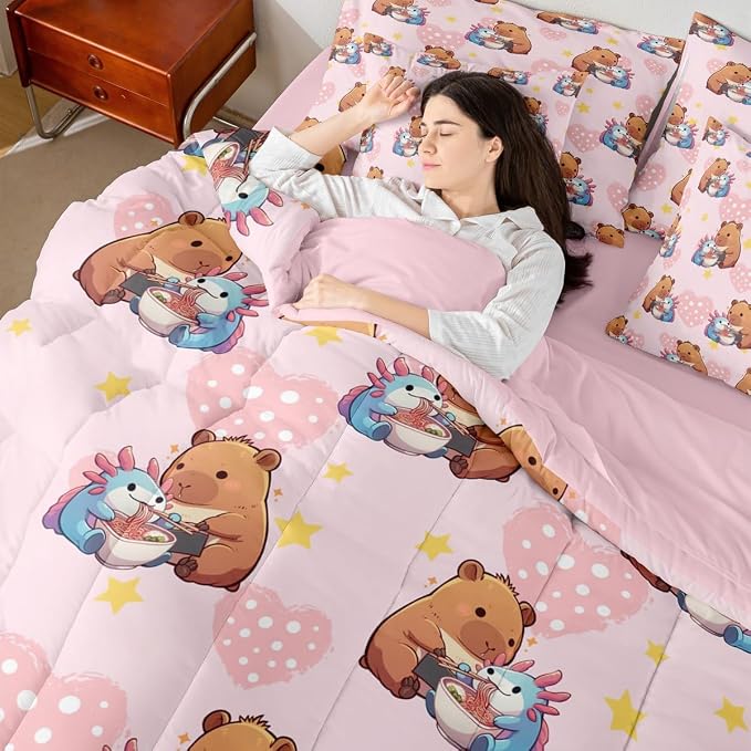 Erosebridal Girls Cute Capybara 7 Pieces Bedding Set, Axolotl Bed in a Bag Full, Capybara Feeding Noodles to Salamanders Pink Comforter Set with Sheets, Star Polka Dot Love Heart Bed Sets - Image 7