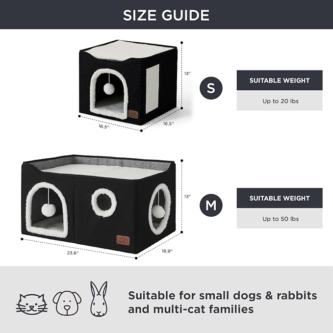 Bedsure Extra Wide Cat House Bed with Fluffy Ball and Scratch Pad,Black | 23.6x16.9x13 in,Indoor cat cave for multiple pets, Foldable cat hideway cube for sleeping large cat and kitten - Image 6