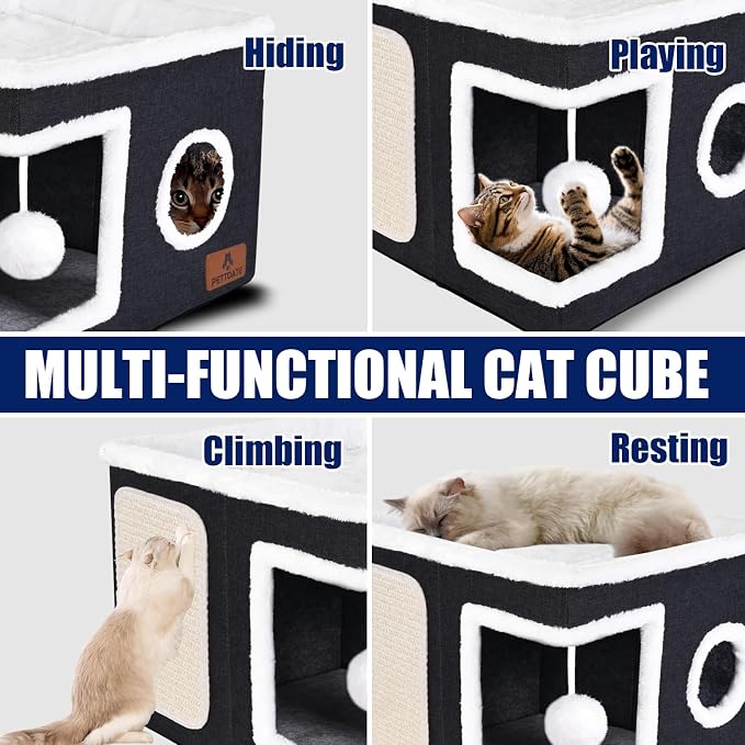 Cat Beds for Indoor Cats, Large Cat Cave Bed with Scratch Pad and Fluffy Ball, Foldable Cat Hideaway, Cat House with Reversible Cushion for Multi Small Pet Up to 30LBS, Dark Grey - Image 7