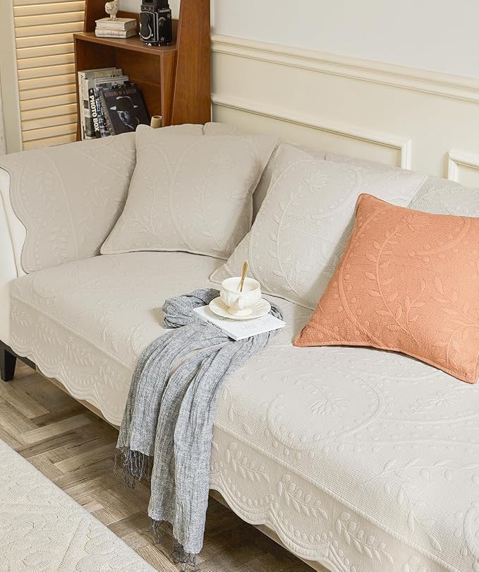 Leaf Floral Cotton Quilted Dog Couch Cover for Sofa Farmhouse Rustic Embroidered Sectional Couch Cover Soft Anti-Slip Sofa Slipcover Furniture Protector for Kids, Pets (Beige,36"x70") - Image 4