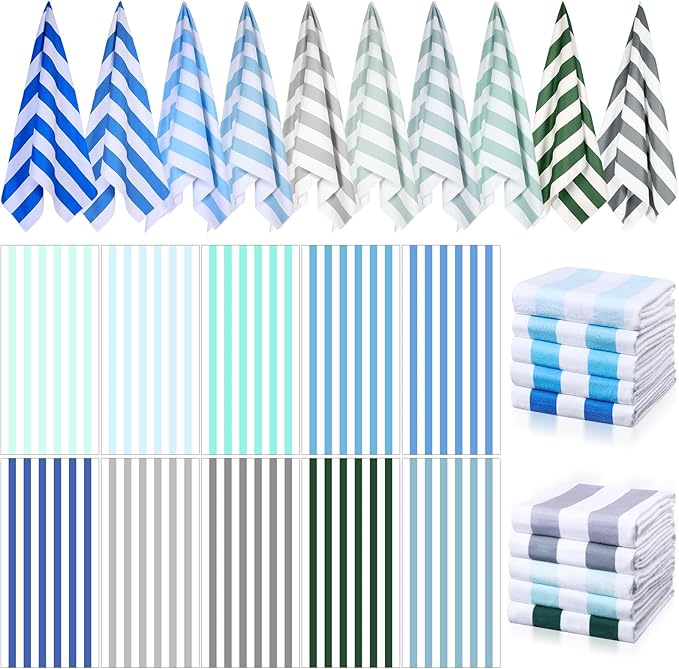 EBOOT 10 Pack Oversized Beach Towel Set Extra Large Pool Towels Microfiber Quick Dry Swim Blanket for Adult Women Men Face Hand Body Bath Travel Pool(Plain Color,28 x 59 Inch,Cabana Stripe) by eBoot