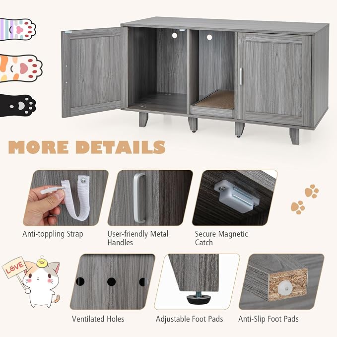 Tangkula Patented Double Cat Litter Box Enclosure for 2 Cats, Large Stackable Hidden Privacy Cat Washroom Cabinet with Scratching Board, Indoor Cat House TV Stand, Litter Box Furniture (Grey Oak) - Image 5