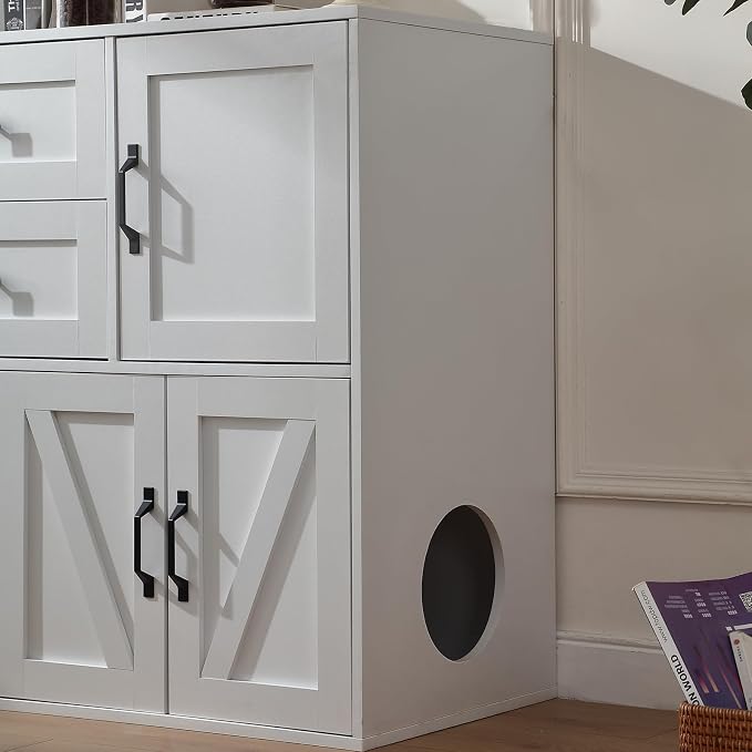 Forest Gravity Large Dog-Proof Double Cat Litter Box Enclosure with Storage for 2 Cats,Cat Washroom Cabinet with 2 Drawers,47.6'' Modern Dual Litter Box Furniture Cabinet with Compartments,White - Image 8