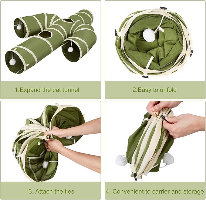 Ownpets Cat Tunnel Large 12 inch Diameter, Cactus-Shaped Cat Tunnel Toy, Sturdy Oxford Fabric Collapsible Cat Tunnels for Indoor Cats, Interactive Peek Hole Pet Tunnel Tube with Cat Wand Toy, Green - Image 8