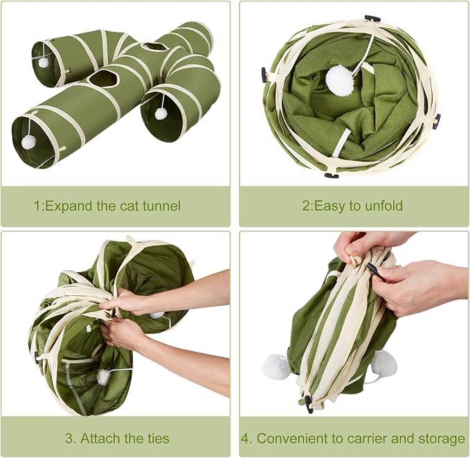 Ownpets Cat Tunnel Cactus-Shaped, Sturdy Oxford Fabric Collapsible Cat Tunnels for Indoor Cats,Interactive Peek Hole Pet Tunnel Tube with Cat Wand Toy, Green - Image 5