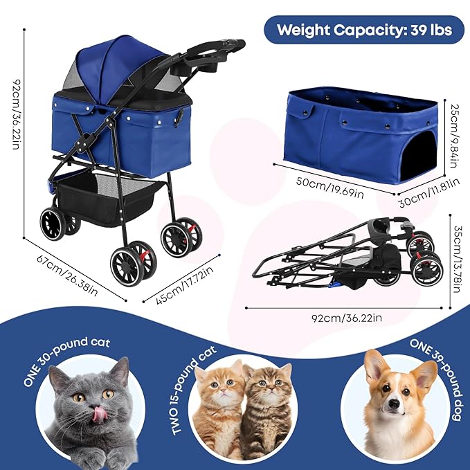 Pet Stroller,Dog Stroller for Small Medium Dogs Cats,3 Wheels,Foldable,with Breathable Mesh Canopy,Cup Holders,Easy Assembly,Navy Blue
