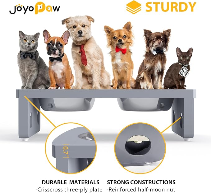Elevated Dog Bowls, Bamboo Raised Dog Bowl for Dogs, with 2 Stainless Steel Bowls (Grey, Small: 4'' Tall-20oz Bowl) - Image 3