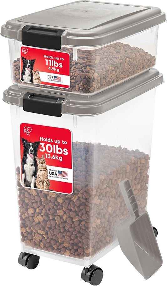 IRIS USA Airtight Dog Food Storage Container Combo, 30 lb & 11 lb Bin | Stackable food storage system includes scoop and wheels to keep kibble, treats, and pet food fresh and organized. by IRISUSA