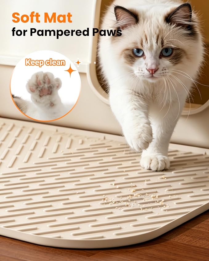 Cat Litter Mat, 47"x37" Extra Large Litter Box Mat, Silicone Mat, Beige | Waterproof Litter Trapping Mat for Scatter Control, Soft on Cat Paws Non-Slip Easy to Clean - Image 4