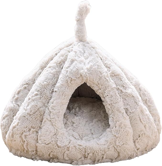 PetPals Round Cat Bed Small Pet Cave with Removeable and Washable Cushion | Super Soft Plush Pet Bed with Cover for Small Animals, Kitten or Ferret Hideaway Napping Cave, Anti-Slip Bottom, Cream plush by Petpals