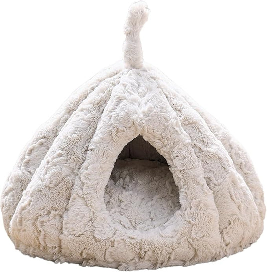 PetPals Round Cat Bed Small Pet Cave with Removeable and Washable Cushion | Super Soft Plush Pet Bed with Cover for Small Animals, Kitten or Ferret Hideaway Napping Cave, Anti-Slip Bottom, Cream plush by Petpals
