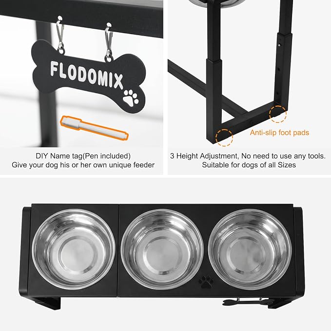 Metal Elevated Dog Bowls for Medium/Large Breed, 3 Adjustable Height(8.8''/11.5''/14'') Raised Dog Bowls Stand with Three 58oz Large Stainless Steel Dog Bowls, with The Splash pad - Image 5