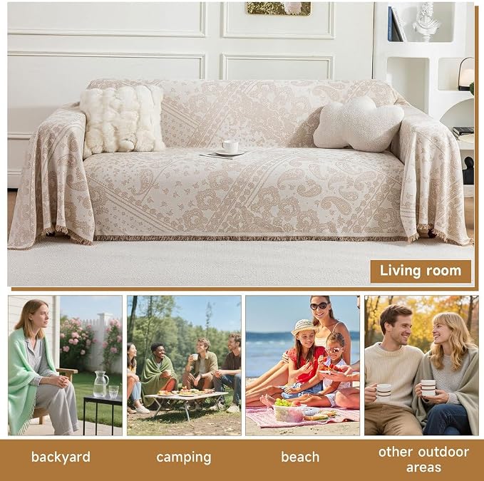 ROOMLIFE Beige Couch Covers for Sofa, Sofa Covers Washable Non Slip Furniture Protector Couch Sofa Covers for 3 Cushion Couch, Breathable Sofa Slipcovers Couch Cover Blanket with Tassels 71" X 118" - Image 6