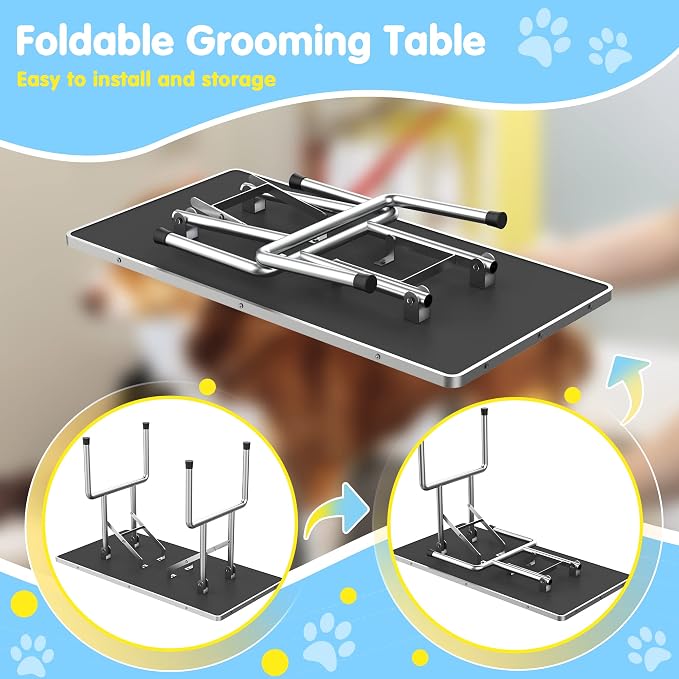 Lyromix 36'' Foldable Dog Grooming Table with Arms/Nooses/Mesh Tray, Black | Stainless Steel Grooming Table for Dogs at Home, Adjustable Pet Bathing Station, Non-Slip Waterproof Tabletop, Capacity 330Lb - Image 5