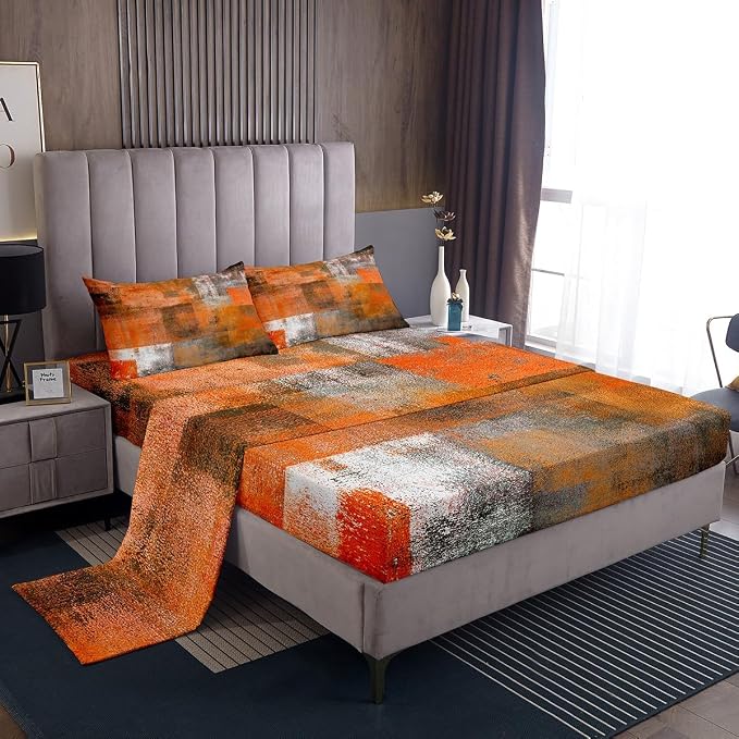 Erosebridal Orange Grey Bed Sheets Set Full Size,Watercolor Ombre Sheet Set for Women Men,Oil Painting Sheets,Vintage Minimalism Flat Fitted Sheet with 2 Pillowcases Home Room Decor by Erosebridal