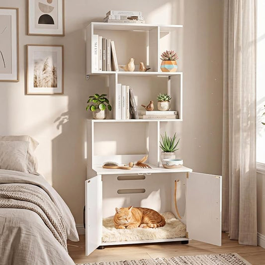 PETSITE Cat Litter Box Furniture with 3 Shelves and Doors, 56 inch Tall Cat Box Enclosure with Display Shelves and Side Entry, Indoor Hidden Litter Box with Decorative Storage Shelving (White) by PETSITE
