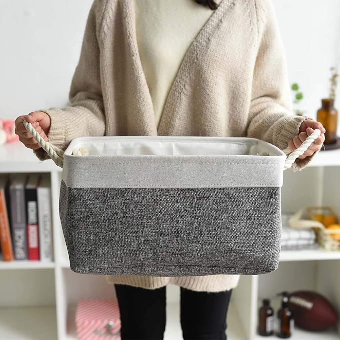 Large Storage Baskets for Shelves, Fabric Baskets for Organizing, Collapsible Storage Bins for Closet, Nursery, Clothes, Toys, Home & Office [3-Pack, White&Grey] - Image 5