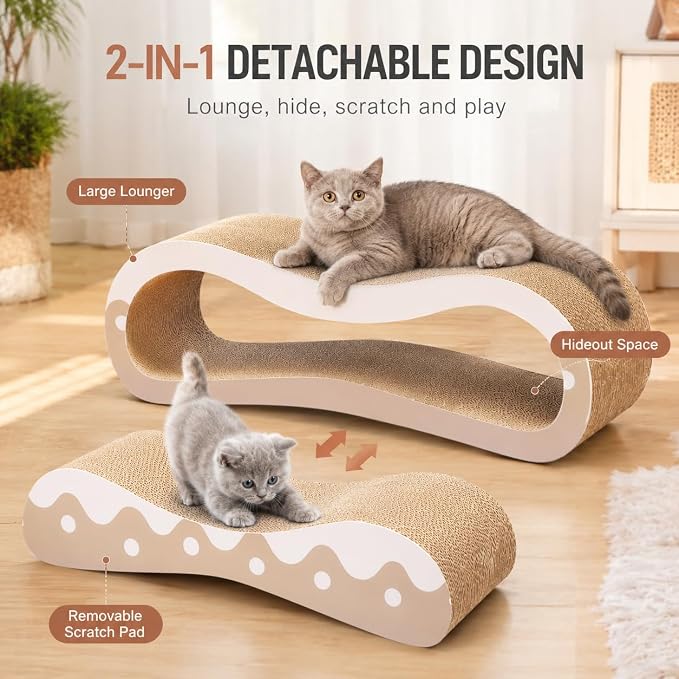 Cat Scratcher Lounger, 2 in 1 Large Cardboard Cat Scratching Board for Indoor Cats, 100% Recyclable&Reversible Horizontal Scratching Pads Prevents Furniture Damage, Wave - Image 3