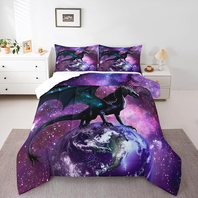 Erosebridal Dragon Bedding Set Purple Nebula Comforter Set Twin Size Mysterious Outer Space Duvet Set Trippy Bedding Set for Kids Boys Girls Teens Room Decor, Safari Wildlife Animals Quilt Set - Image 2