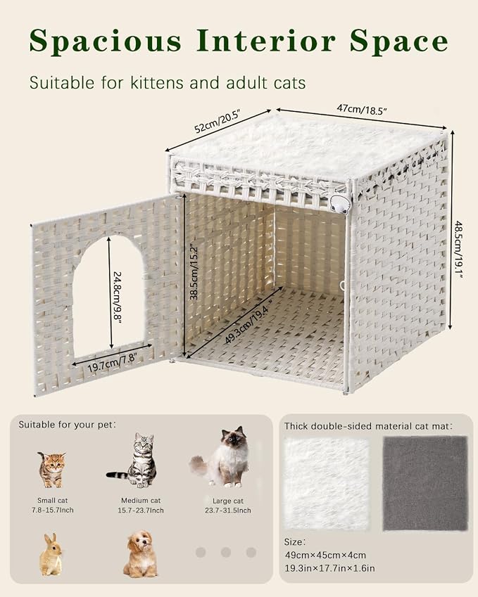 SETVSON Cat Houses for Indoor Cats Extra Large Double Cat Cave, White | Decorative Furniture Look, Private Hideaway for Shy Cats, Soft Dual-Purpose Cushion, Easy Wipe-Clean PE Rattan, Collapsible - Image 6