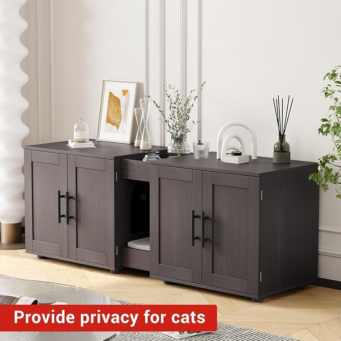 55" Large Cat Litter Box Enclosure Furniture for 2 Cats, 3-in-1 Hidden Litter Box Cabinet with Barn Door & Double Rooms, Wooden Pet Furniture for Living Room & Bedroom - Image 2
