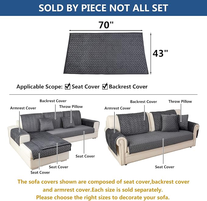 Eismodra Couch Cover,Sectional Couch Covers,Sofa Covers for 3 Cushion Couch,Anti-Slip Sofa Slipcovers for Dogs Cats Kids Loveseat Recliner L Shaped Armrest Backrest,Dark Gray 43''x70''(Only 1 Piece) - Image 5