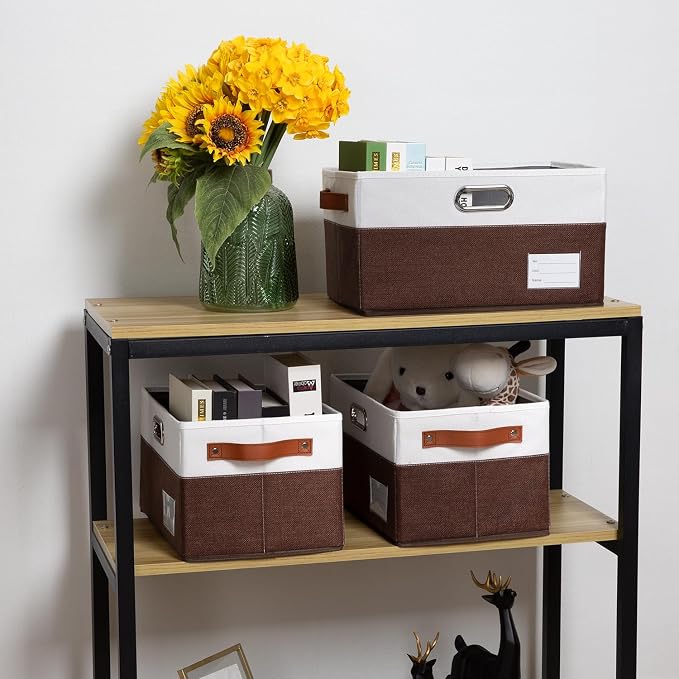 PRANDOM Foldable Storage Bins with Handles [3-Pack] Fabric Collapsible Storage Boxes Baskets Cubes Containers with Handles for Closet Living Room Bedroom (Brown & White 14.9x9.8x8.3'') - Image 2