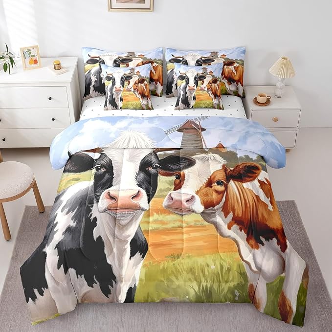 Erosebridal 7-Piece Cow Comforter Set King Size, Milk Cow Bull Bed in a Bag Bedroom Comforter with Animal Sheets (1 Comforter, 1 Flat Sheet 1 Fitted Sheet 2 Pillowcases and 2 Pillow Shams) - Image 3