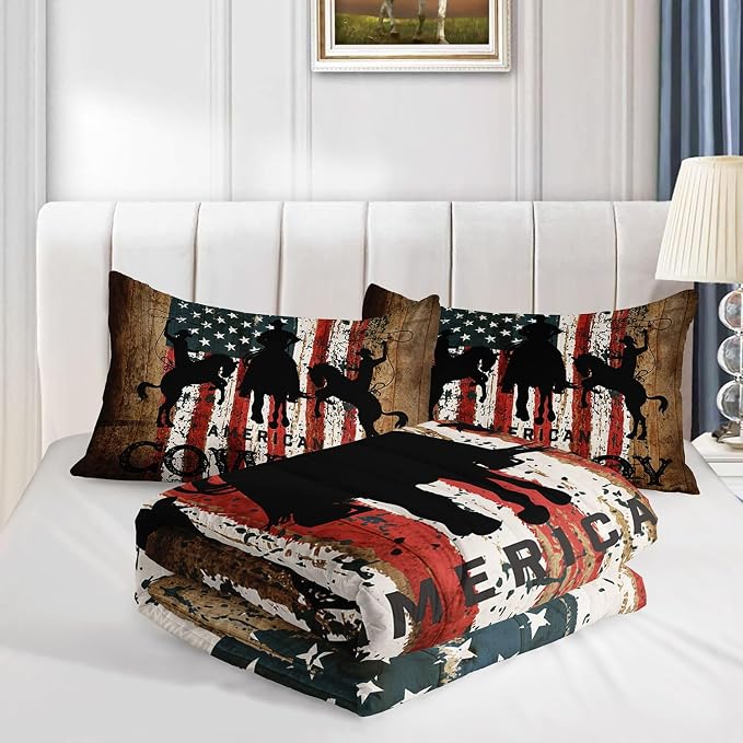 Western Cowboy Comforter Set American Flag Printed Bedding Set with 1 Comforter and 2 Pillowcases for Boys and Girls Bedroom All Season(Cowboy Full) - Image 4