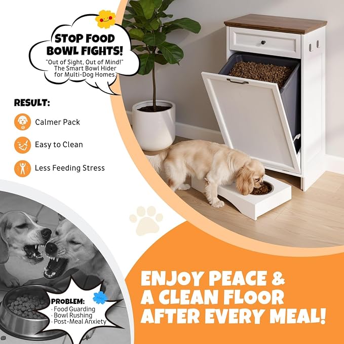Tilt Out Trash Can Cabinet with Dog Bowl, 10 Gallons Dog Feeding Station with Storage Cabinet, Pet Food Cabinet with Hideaway Drawer for Kitchen, Living Room - Image 6