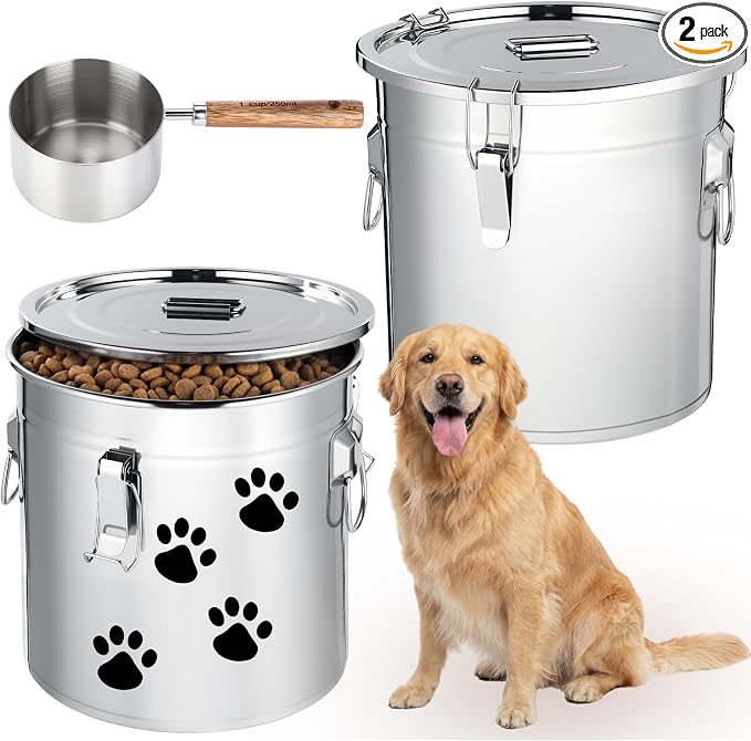 Lounsweer 2 Pack 8.9 Gal Stainless Steel Dog Food Storage Container with Lid and Locking Clamp 33 L Metal Airtight Container Large Stainless Steel Bucket with Food Scoop for Pet Feed by Lounsweer