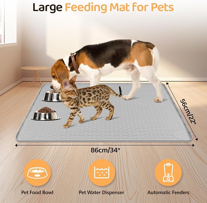 Dog Food Mat 34''x22'' Extra Large Dog Mat for Food and Water, Light Grey | Silicone Dog Bowl Mat with Raised Edge, Waterproof Non-Slip Pet Feeding Mat for Floors, fit for Dog Cat Bowls - Image 2