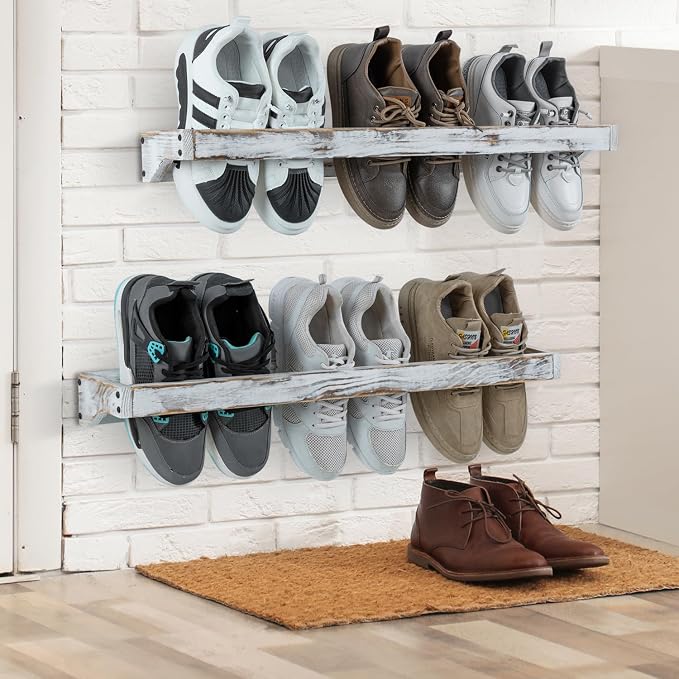 MyGift 30 Inch Shabby White Washed Solid Wood Wall Mounted Shoe Hanger Storage Rack, Hanging Shoes Organizer Shelf for Closet Mudroom Entryway, Set of 2 Holds 6 Pairs - Image 3