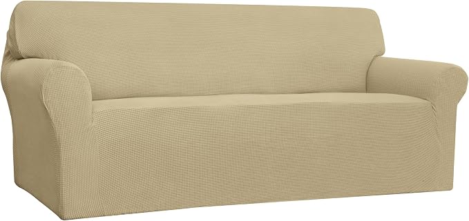 Easy-Going Stretch 4 Seater Oversized Sofa Couch Cover Beige | 1-Piece Extra X-large Sofa Cover Furniture Protector Couch Soft with Bottom for Kids, Spandex Jacquard by Easy-Going