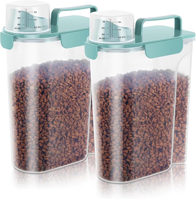 5-7 LBS Cat Dog Storage Container Portable with Upgraded Large Spout and Cup, Plastic Pet Food Dispenser for Small Animal Kibble, Bird Seed, Oatmeal, Rice, Flour, Brown Sugart-2 pack Elegant Blue by LEAWALK
