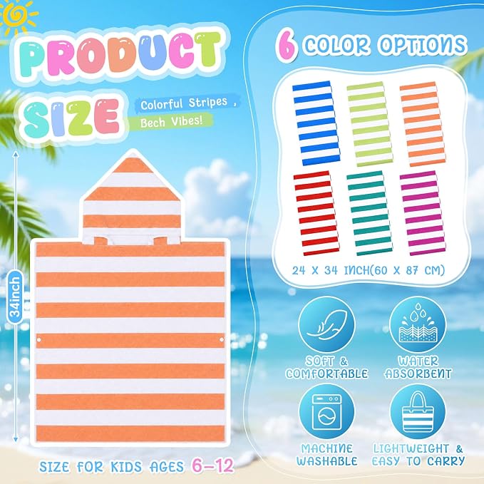 Oudain 6 Pcs Kids Hooded Towel Kids Bath Towels with Hood Microfiber Baby Pool Beach Towel for Boy Girls Toddler (Stripes Style) - Image 2