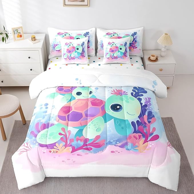 Erosebridal Kawaii Turtle King Size 7-Piece Bedding Set for Home, Ocean Animal Tortoise Bed in A Bag, Watercolour Coral Comforter Set with Sheets, Dreamy Aesthetic Bedding Comforter Sets - Image 3