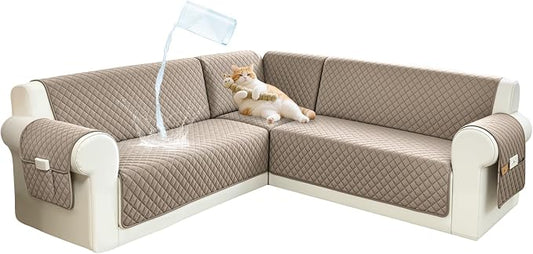 Sectional Couch Covers for Dogs 100% Waterproof Corner L Shaped Sofa Cover Pet Friendly Velvet Washable Anti Slip L Shape Modular Sofa Slipcover Protector with Pockets (Khaki, Small) by SYJOVIA