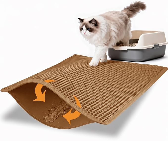 Pieviev Cat Litter Mat Double Layer Waterproof Urine Proof Trapping Mat 1 Pack (30''X24'', Brown) | Honeycomb Design Catches Scattered Particles to Stop Tracking, Urineproof Base Protects Floors, Easy to Clean by Pieviev