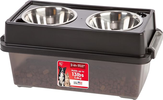 IRIS USA Dog Bowls Elevated with Storage, 9" H Raised Feeding Station with Airtight Food Container Holds Up to 13 lbs, Dog Bowl Stand for Small Dogs, Indoor Pet Feeder, Smoke/Black by IRISUSA