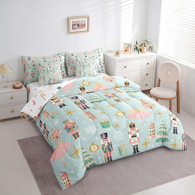 Erosebridal 7Pcs Green Christmas Comforter Set Twin,Xmas Tree Nutcracker Bedding Set,Pink Princess Bed in A Bag for Girls Women,Winter Xmas Holiday Christmas Ornaments Quilt with Flat Fitted Sheet - Image 4